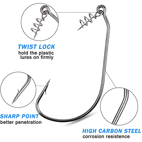 Twistlock Fishing Hooks,50pcs Bass Fishing Worm Hooks with Centering Pin Spring Unweighted Swimbait Hooks for Soft Plastics Lure Baits Saltwater Freshwater Size 1/0 2/0 3/0 4/0 5/0 - size: (3/0 + 5/0)-50pcs