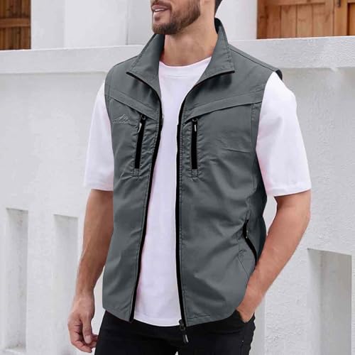 Men Fishing Vest Lightweight Outerwear Golf Running Sleeveless Jacket Travel Photo Utility Vest with Zipper Pockets - color: #02 Gray, size: 5X-Large