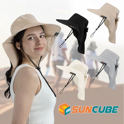 SUN CUBE Wide Brim Sun Hat with Neck Flap for Men Women, UPF50+ Fishing - color: Beige With Bow