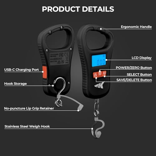 KastKing ToughTide Fishing Scale, USB Charging, 65lb Capacity, Ultra-Thin Digital Fish Scale, LCD Display, Ergonomic Handle, Fish Scales Digital Weight, Fishing Accessories for Men - color: A: Black