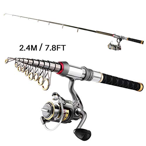 Telescopic Fishing Rod Reel Combo Travel Spinning Pole Set with Accessory | Saltwater Freshwater Fishing Gear Tool Kit with Carbon Fiber Rod Reel Lures Hooks Carrier Bag for Kids Adults Beginner - color: Black-7.87FT