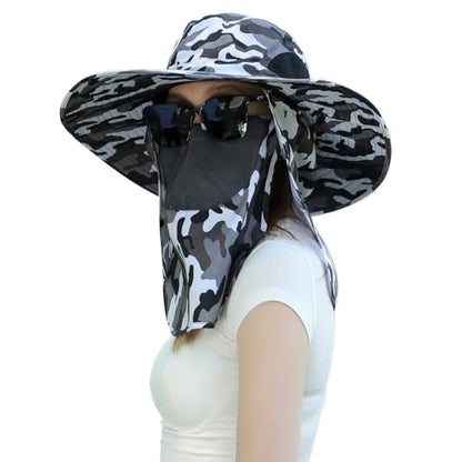 Sun Hat Unisex Face Coverage Shield Neck Flap Cap Garden Lawn Work Sports Hiking Fishing Hats - color: Camou Gray