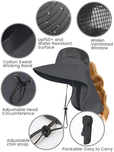 Sun Hats for Women UV Protection with Neck Flap Wide Brim Beach Hats with Ponytail Hole for Hiking Fishing Gardening Travel - color: Dark Grey