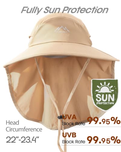 FURTALK Sun Hats for Men Women Fishing Hat with Neck Flap Chin Strap UPF 80+ Wide Brim Hiking Safari Summer Hats - color: Khaki