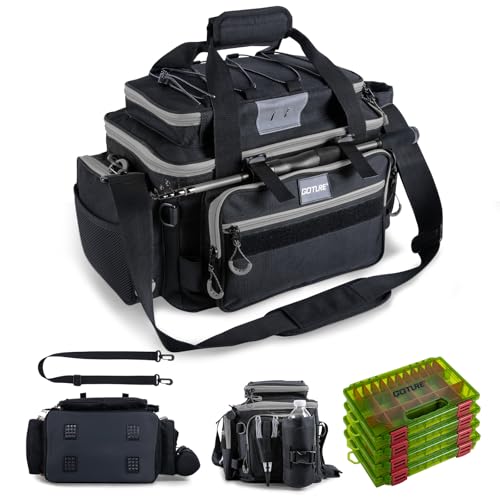 Goture Fishing Tackle Bag with 4pcs 3600 Tackle Boxes, 600D Water-Resistant Soft Side Saltwater Gear Storage Fishing Bag with Rod Straps, Detachable Water Bottle Pouch, Waterproof Bottom, SBS Zippers - color: C2:Black Gray with 4 3600 Tackle Boxes, size: