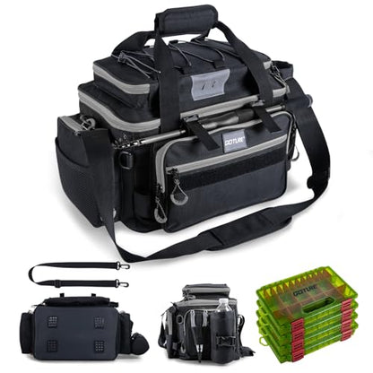 Goture Fishing Tackle Bag with 4pcs 3600 Tackle Boxes, 600D Water-Resistant Soft Side Saltwater Gear Storage Fishing Bag with Rod Straps, Detachable Water Bottle Pouch, Waterproof Bottom, SBS Zippers - color: C2:Black Gray with 4 3600 Tackle Boxes, size: