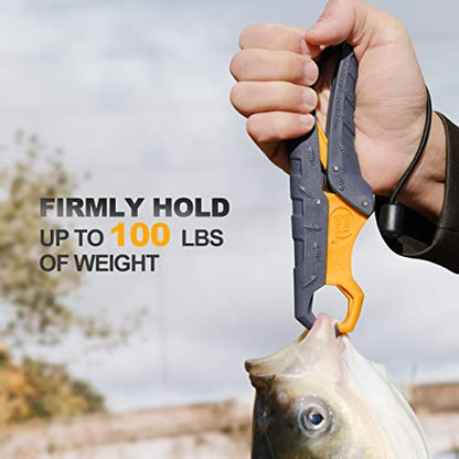 SNAIL TRAIL 7.5'' Floating Fish Gripper, Fishing Grabber | Catfish Mouth Pliers, Caught Bass Holder, Fish Scale Hook Clamp, Saltwater Lip Grip Tool with Lanyard, Gifts for Men - color: Gray-yellow