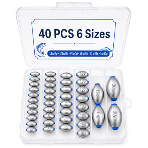 Egg Sinkers Fishing Weights Kit, 40/62pcs 6/7 Sizes Egg Sinker Assortment 1/8-1 oz, Slip Sinkers for Saltwater Freshwater Bass Catfish Fishing, Smooth Bore Lead Sinkers Weights with Tackle Box - size: 40 pcs / 6 Sizes
