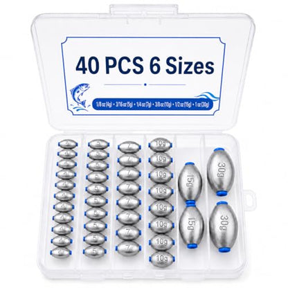 Egg Sinkers Fishing Weights Kit, 40/62pcs 6/7 Sizes Egg Sinker Assortment 1/8-1 oz, Slip Sinkers for Saltwater Freshwater Bass Catfish Fishing, Smooth Bore Lead Sinkers Weights with Tackle Box - size: 40 pcs / 6 Sizes