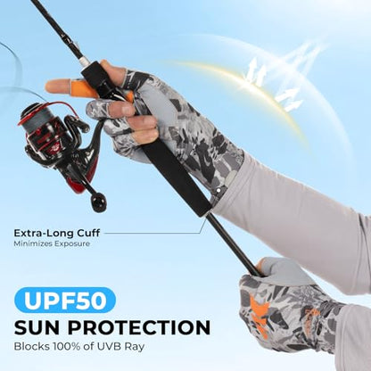 KastKing Agies Fishing Gloves Men, UPF 50+ Sun Gloves UV Protection, Cooling Quick-Dry 3/4 Fingerless Gloves with Extended Cuff, Microfiber Palm & Pull Tabs, for Fishing, Kayaking, Hiking, Hunting - color: X Camo-Gray, size: Small-Medium