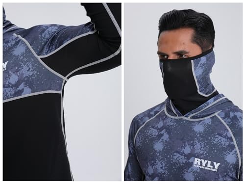 Men's Performance Fishing Shirts,Sun Protection Hoodie Long Sleeve UPF 50+ Hiking Shirt with Mask Cap - color: Dark Blue, size: Small