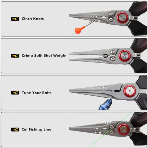 TRUSCEND Easy Use Lockable Fishing Pliers with Tungsten Carbide Cutter, Innovative Ergonomic Handy Handle, Saltwater Corrosion Resistant Teflon Coated Fishing Tool, Light Multi-Function Fishing Gear - color: C1-straight Nose-red
