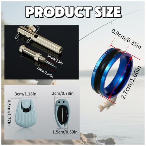 Complete Fishing Knot Tool Kit: 1 Copper Knot Tying Tool, 2 Line Puller Rings, 6 Rod Holder Clips – Fast Hook Tying and Rod Organization Set
