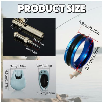 Complete Fishing Knot Tool Kit: 1 Copper Knot Tying Tool, 2 Line Puller Rings, 6 Rod Holder Clips – Fast Hook Tying and Rod Organization Set