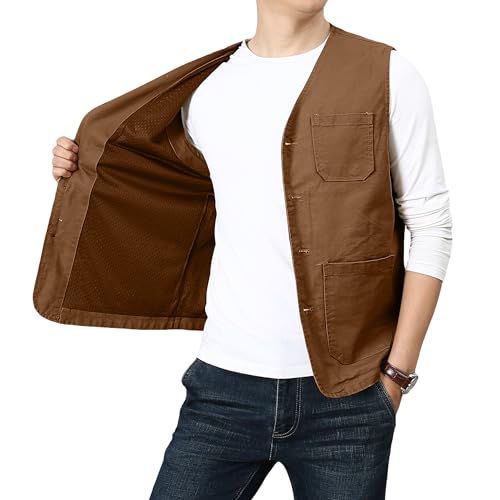 PRIJOUHE Men's Casual Outdoor Cotton Vest Lightweight Breathable Multi-Pocket Fishing Safari Travel Vests Outwear - color: 02-brown, size: Medium