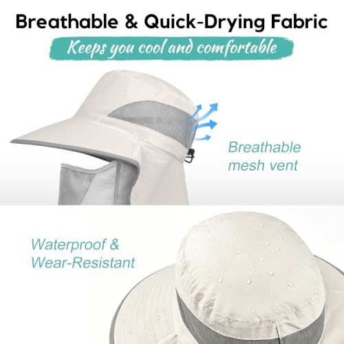 2 Pack Women Men Outdoor Wide Brim Sun Hat with Neck Face Flap,UPF 50+ Protection Fishing Garden Work Hat with Ponytail Hole - color: Dark Grey ＆ Beige