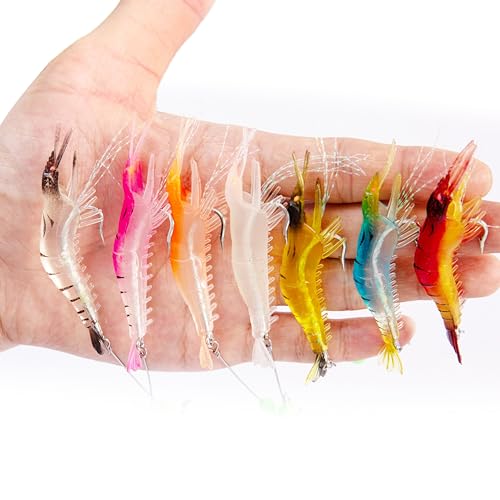 14Pcs Saltwater Fishing Lures Set with Box, 7 Colors Shrimp Lures Gear, Soft Artificial Shrimp Fishing Tackle with Luminous Sharp Hooks, Ocean Fishing Shrimp Bait for Saltwater and Freshwater