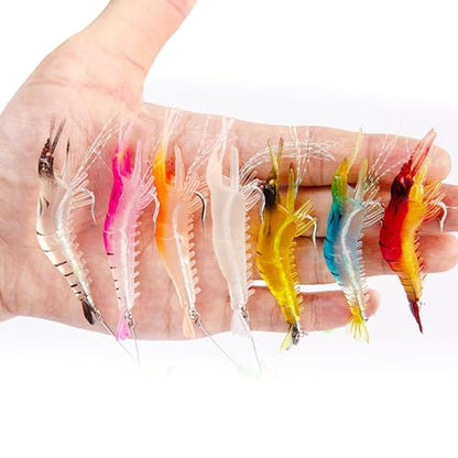 14Pcs Saltwater Fishing Lures Set with Box, 7 Colors Shrimp Lures Gear, Soft Artificial Shrimp Fishing Tackle with Luminous Sharp Hooks, Ocean Fishing Shrimp Bait for Saltwater and Freshwater
