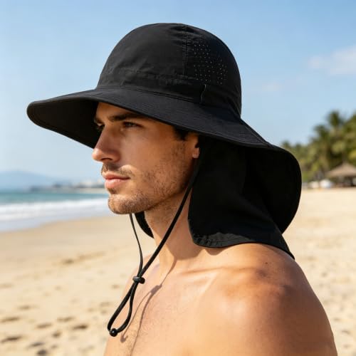 2Pack Sun Hat for Men Women with Neck Flap | UPF 50+ Wide Brim and Ponytail Hole Hiking Fishing Bucket Hat - color: 2pcs-black&gray