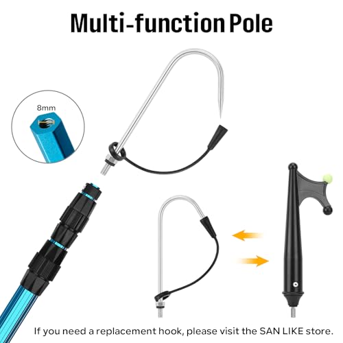SANLIKE Telescopic Fishing Gaff, Aluminum Pole, Stainless Steel M8 Hook | Ultralight 4.62oz aluminum telescopic gaff (11.4"-24") with nonslip rubber handle, sharp stainless hook & safety lanyard - color: Blue, size: XL-Extended 141.54"