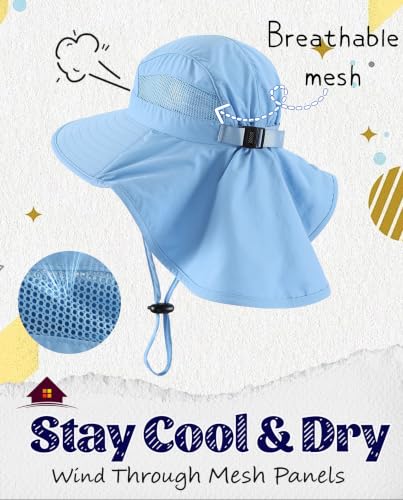 Home Prefer UPF50 Wide Brim Kids Sun Hat Neck Flap Boys Girls Sun Protection Hat for Beach Fishing - color: Light Blue, size: 2-4T