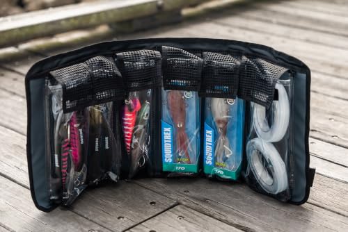 Nomad Design Lure Roll - Medium Size with 6 Pockets Respectively, Portable Waterproof Tarpaulin Fish Lure Bag - Heavy Duty PVC Window, Mesh Cleaning & Drying Tabs - size: Medium