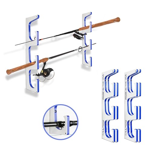 TRAPSKI Made in the USA Premium Fishing Rod/Pole Holder Rack Organizer | Wall or Boat Mounting Fishing Rod Rack | Marine Grade HDPE Plastic | Pole Holder for up to 6 Rods | Stackable - 2 Pack - color: H3 White/Blue