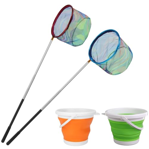 Fishing Nets with Bucket Fishing Retractable Landing Net Lightweight Aluminum Pole with Non-Slip Handle for Catch and Release and Release Frogs Butterfly Youth Outdoor - style: Green+yellow