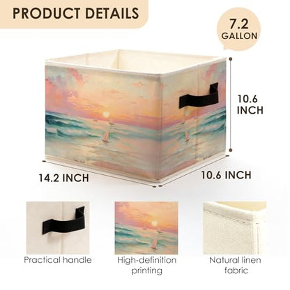Pink Coastal Beach Sunset Sailboat Storage Bins Box with Handles, Pastel Nautical Ocean Seascape Foldable Basket Toybox for Girls Bedroom Bathroom Home Clothes Toys Books - color: color-2