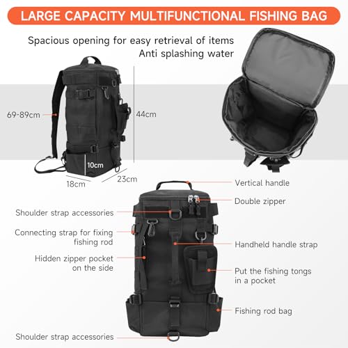 KOMCLUB Black Fishing Sling Tackle Storage Backpack, Large with Rain Cover‌ | Waterproof Outdoor Fishing Bag, Ideal Fishing Gifts for Men, Fits All-Day Fishing Trips - color: Black