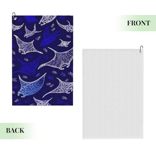 Manta Ray and Fish Golf Towel 16" X 24" with Clip Golfer Bags Accessories Gifts - color: Manta Ray and Fish