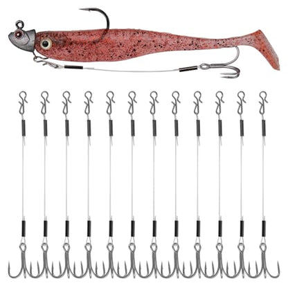 Stinger Hooks (12-Packs) for Jig Heads, Quick Snap #6/#8 Trailer Treble Hooks, 10#/40lbs Fluorocarbon Fishing Line - Walleye, Bass - size: 4" - 6# hook