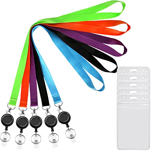 5Pcs Colorful Lanyards with Vertical ID Badge Holder and Retractable Reel | Flat Neck Lanyard,For Keys Women Teacher Men - color: Black,blue,green,purple,orange