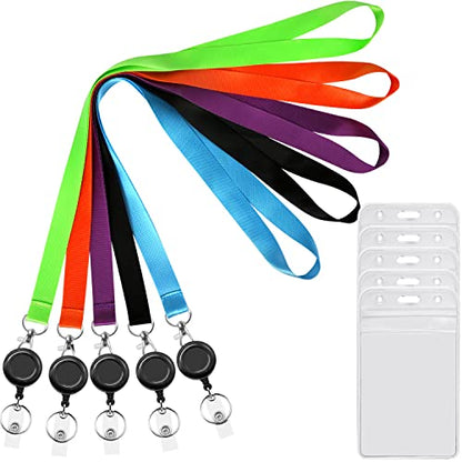 5Pcs Colorful Lanyards with Vertical ID Badge Holder and Retractable Reel | Flat Neck Lanyard,For Keys Women Teacher Men - color: Black,blue,green,purple,orange