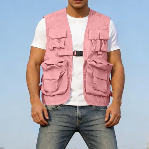 Fishing Vest - Fishing Vests for Men Lightweight Zip Up Sleeveless Utility Jackets Softshell Outwear Vests with Pockets - color: 01# Pink, size: Large