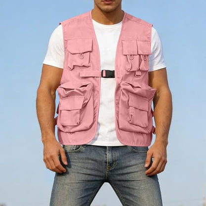 Fishing Vest - Fishing Vests for Men Lightweight Zip Up Sleeveless Utility Jackets Softshell Outwear Vests with Pockets - color: 01# Pink, size: XX-Large