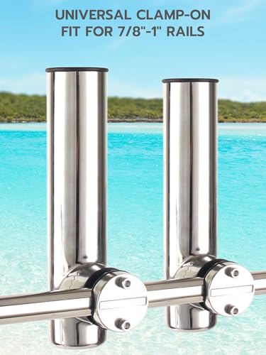 2-Pack Stainless Steel Fishing Rod Holders | 32-Angle Adjustable Clamp-On Rail Mount | Fits 7/8"-1" Rails for Boat, Yacht, RV & Truck | Marine-Grade Anti-Corrosion with Rubber Protector
