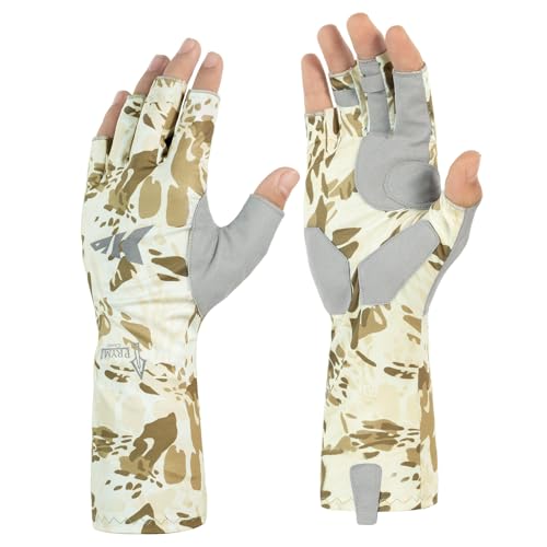 KastKing Agies Fishing Gloves Men, UPF 50+ Sun Gloves UV Protection, Cooling Quick-Dry 3/4 Fingerless Gloves with Extended Cuff, Microfiber Palm & Pull Tabs, for Fishing, Kayaking, Hiking, Hunting - color: X Camo-Neutral, size: Small-Medium