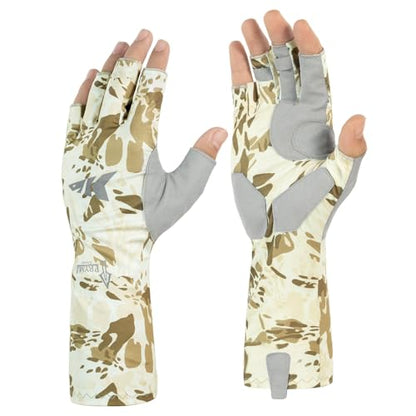KastKing Agies Fishing Gloves Men, UPF 50+ Sun Gloves UV Protection, Cooling Quick-Dry 3/4 Fingerless Gloves with Extended Cuff, Microfiber Palm & Pull Tabs, for Fishing, Kayaking, Hiking, Hunting - color: X Camo-Neutral, size: Large-X-Large