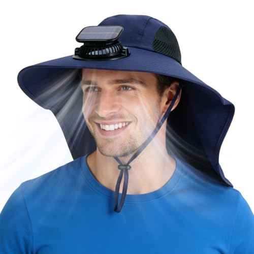 Solar Fan Hat Wide Fishing Hat Breathable Neck Flap Bucket Hats Outdoor Sun Hats for Men Women with USB Charging - color: Navy Blue