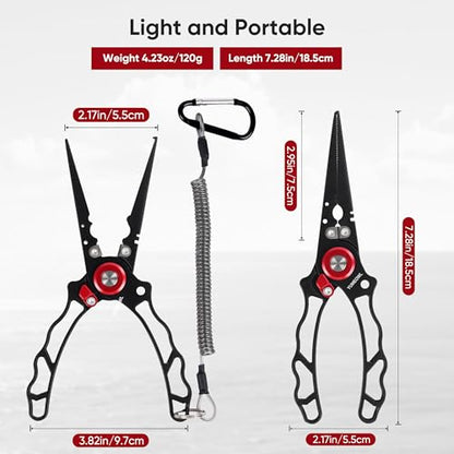 Fishing Pliers with Innovative Ergonomical Handle, Corrosion Saltwater Resistant,Fishing Multitool Hook Remover Braided Fishing Line Cutting, Split Ring with Coiled Lanyard and Sheath - color: Red&black-7.28"