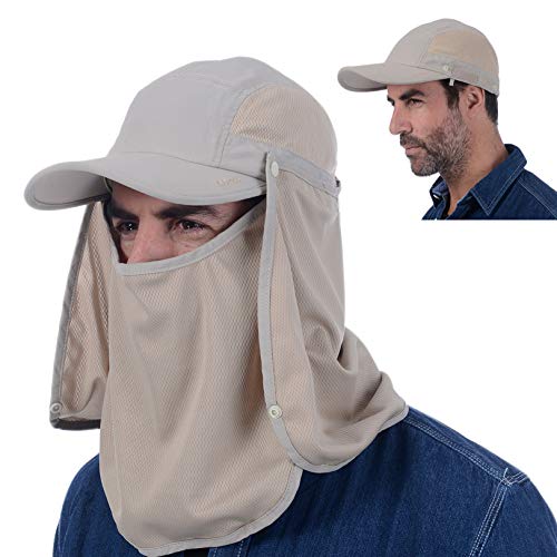 USHAKE Sun Cap Fishing Hat Baseball Cap with Face Neck Cover Flap - color: Khaki-1