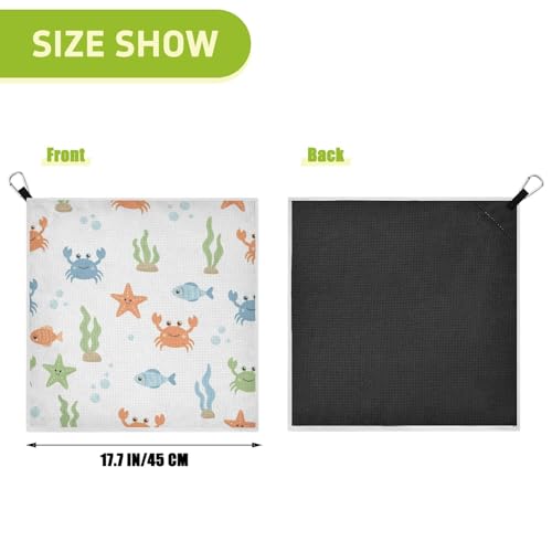 Cartoon Crab Fish White Pattern Magnetic Golf Towel for Golf Bags Microfiber Golf Accessories for Women Men with Carabiner Clip Attaches to Clubs and Carts, 17.7"x17.7"