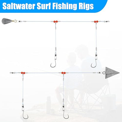 Saltwater Surf Fishing Tackle Kit - Saltwater Surf Fishing Rigs Bottom Rigs Include Fishing Leader Rigs Pyramid Sinkers Bass Casting Sinker Circle Hooks for Striped Bass Red Drum Flounder - color: Blue