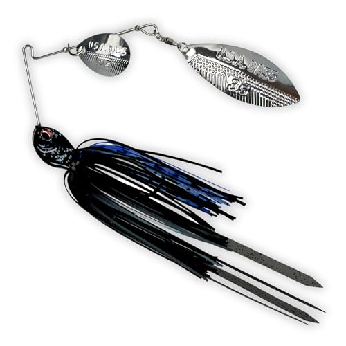 USA BASS Tackle Apache Attack Spinnerbait Type II Largemouth Smallmouth Spotted Bass Premium Fishing Bait Handtied Skirt Custom Blades Heavy Duty Hook New for 2025 - color: Black & Blue, size: 1/2oz - Willow/Colorado