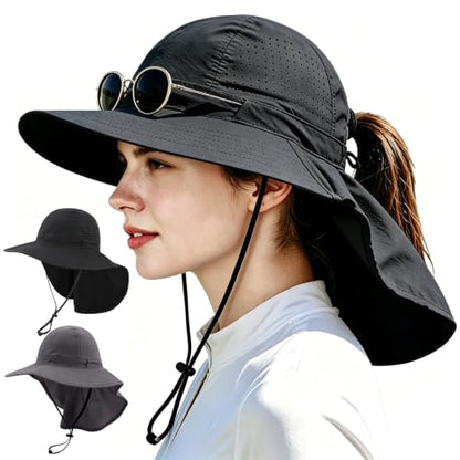 2Pack Sun Hat for Men Women with Neck Flap | UPF 50+ Wide Brim and Ponytail Hole Hiking Fishing Bucket Hat - color: 2pcs-black&gray