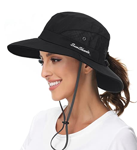 Sun Hat for Women Summer UV Protection Beach Hat Wide Brim Mesh Bucket Fishing Hat with Ponytail Hole Foldable Packable Hat - color: Black(with Ponytail Hole)