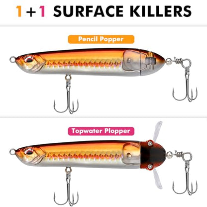 TRUSCEND Popobait Easy Catch Fishing Lures with BKK Hooks, Instant Startup, Longer Cast, Balanced Spray/Sound/Swim, Plopper Topwater Lures for Bass, Trout, Pike, Walleye, Freshwater Saltwater Fishing - color: C-3.5",0.35oz