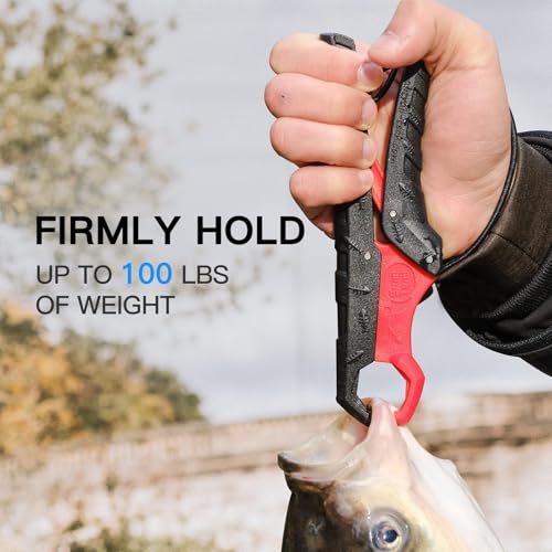 SNAIL TRAIL 7.5'' Floating Fish Gripper, Fishing Grabber | Catfish Mouth Pliers, Caught Bass Holder, Fish Scale Hook Clamp, Saltwater Lip Grip Tool with Lanyard, Gifts for Men - color: Black-red