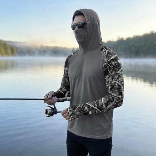Men's UPF 50+ UV Protection Fishing Shirt with Face Mask Long Sleeve Quick Dry Breathable Sun Hoodie for Beach - color: A Gray, size: 3X-Large